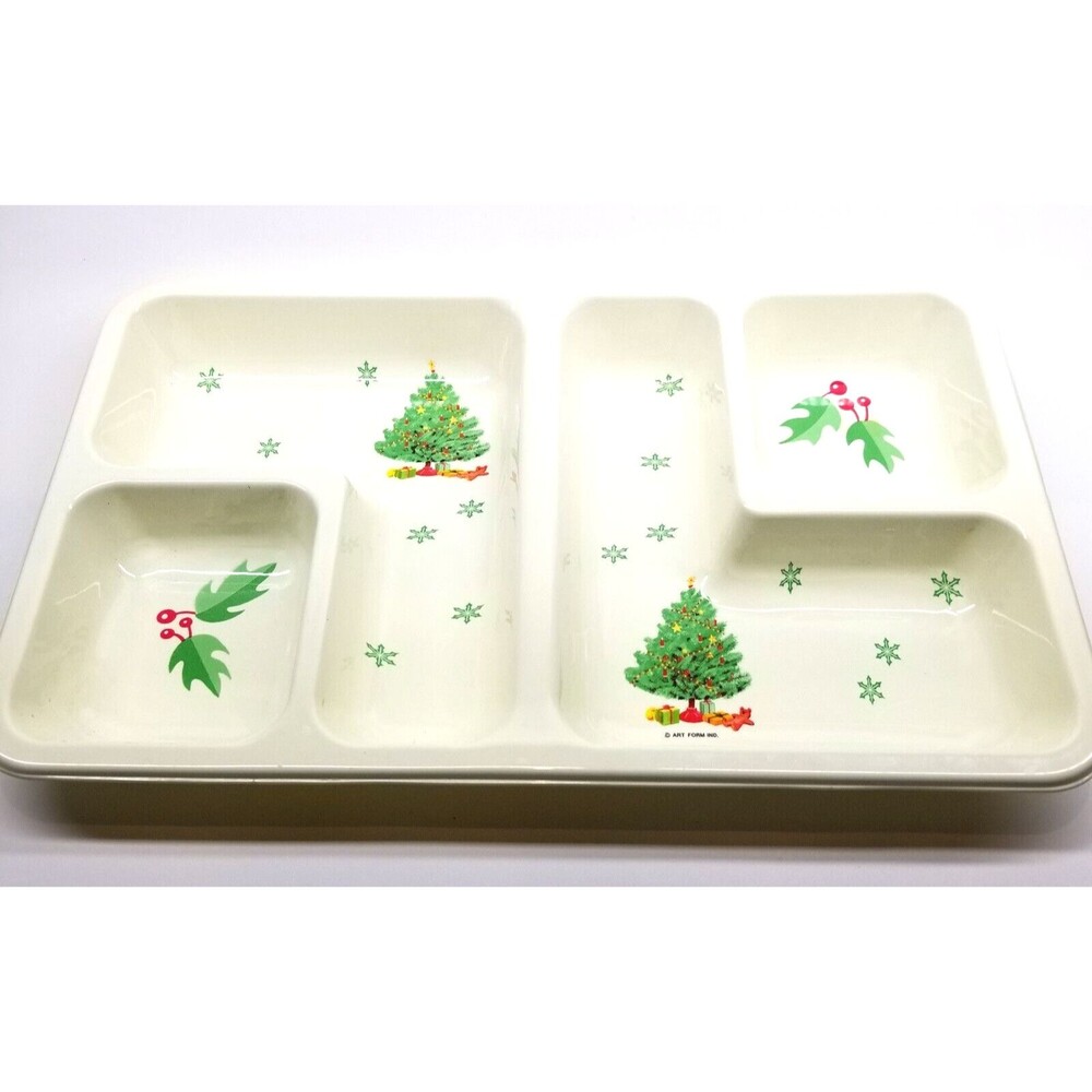 Vintage Christmas Tree Chip & Dip Holiday Servingware Rigid Plastic Tray Korea